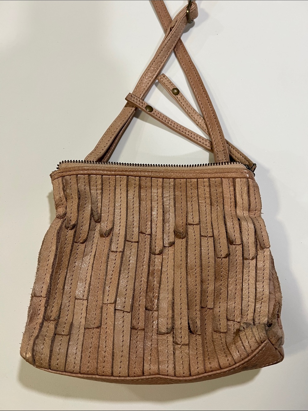 Day and Mood - Tan Suede Fringe Crossbody Bag, patchwork, quilted leather